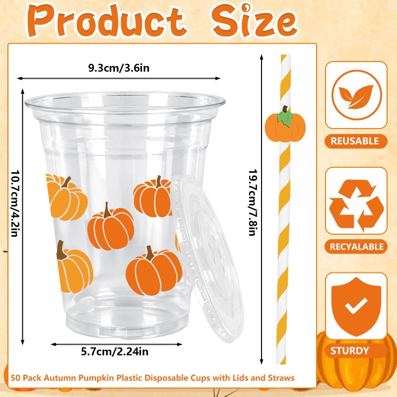 Whaline 50 Pcs Fall Plastic Cups with Lids and Straws Orange Pumpkin Clear Plastic Cups 12 Oz Pumpkin Disposable Cup for Autumn Thanksgiving Party Supplies - Image 2